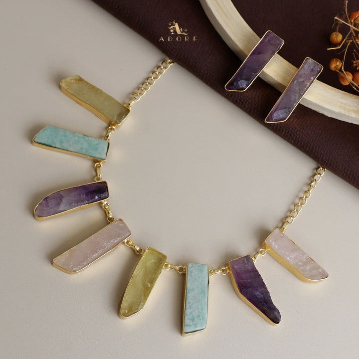 Multicolour Aanshi Raw Stone Neckpiece With Earring