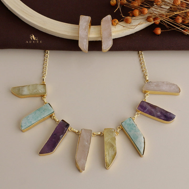 Multicolour Aanshi Raw Stone Neckpiece With Earring
