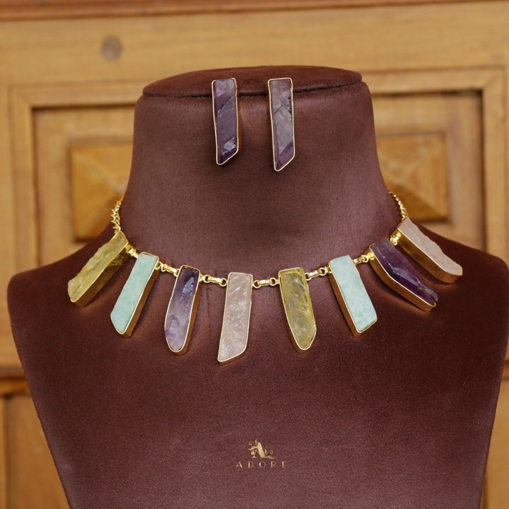 Multicolour Aanshi Raw Stone Neckpiece With Earring