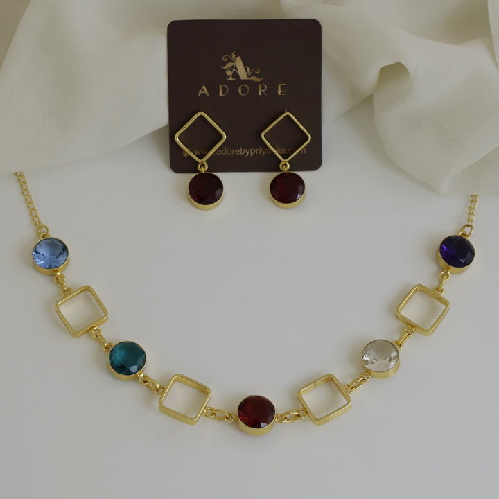 Multicolour Glossy 4 Square Neckpiece With Earring