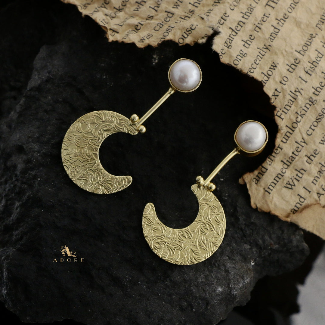 Golden Quarter Moon Pearl Earring
