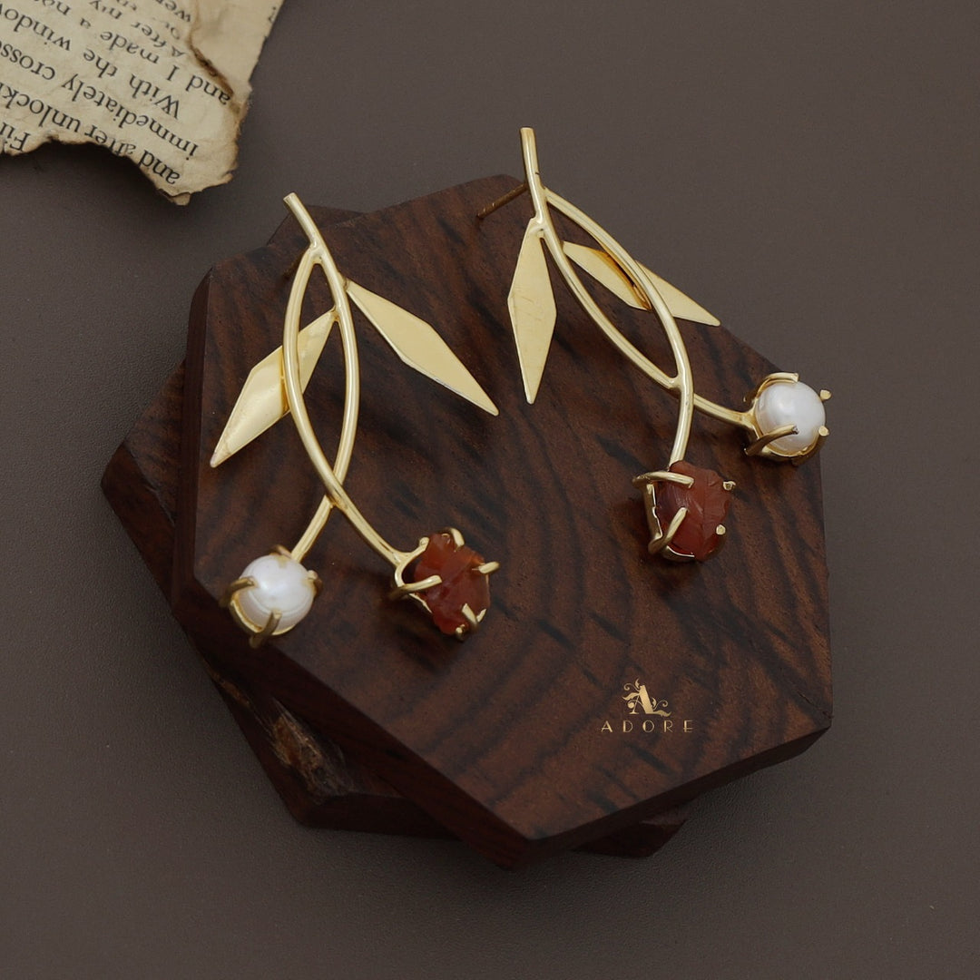 Cross Stem Leafy Raw Stone + Baroque Earring