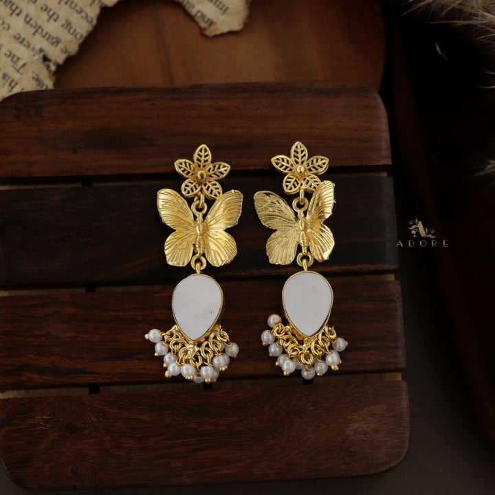 Golden Flower Butterfly Glossy Cluster Pearl Earring