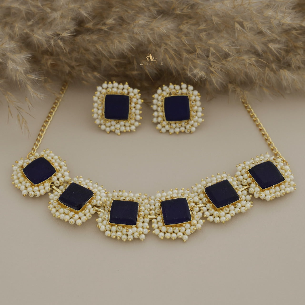 Full Pearl Square Choker With Earring