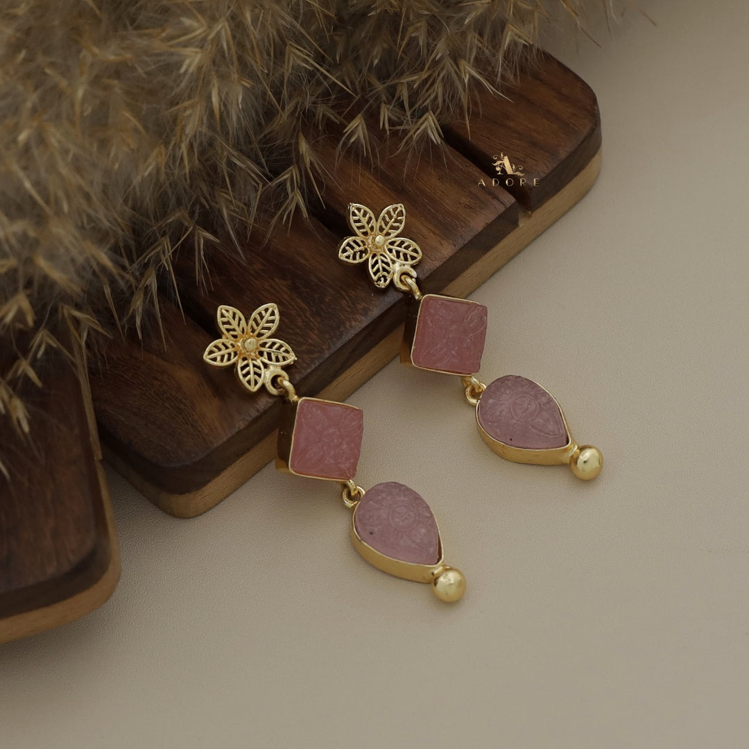 Parviya Flower Carved Diamond And Drop Earring