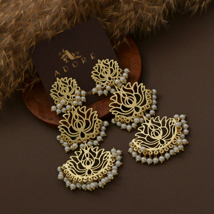Golden 3 Layer Lotus Cluster Pearl Earring