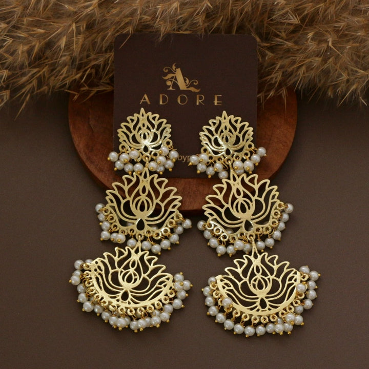 Golden 3 Layer Lotus Cluster Pearl Earring