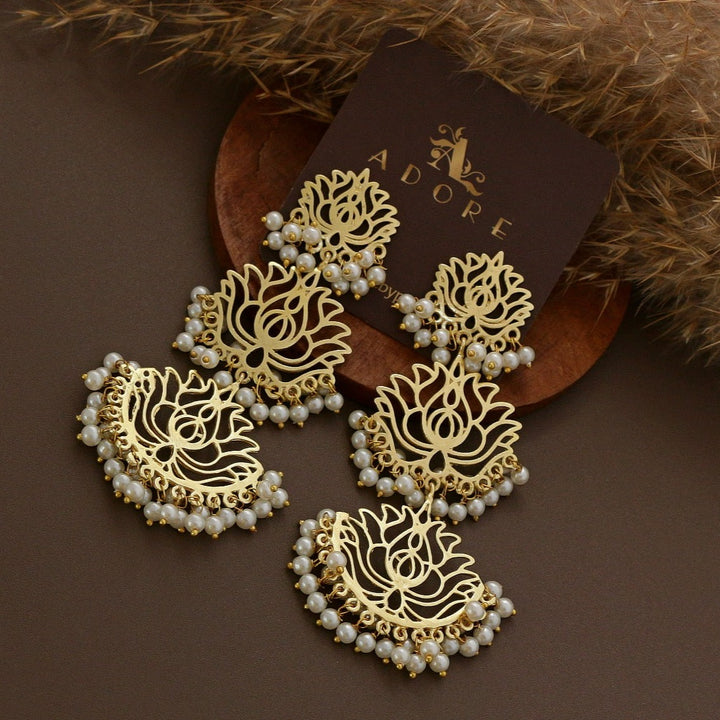 Golden 3 Layer Lotus Cluster Pearl Earring