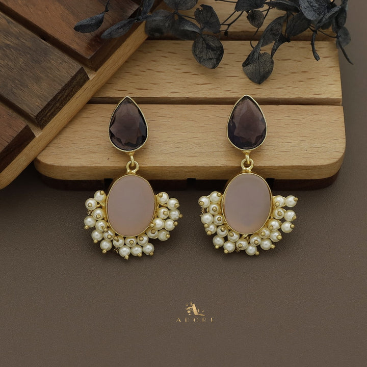 Glossy Drop + Oval Raw Stone Cluster Pearl Earring