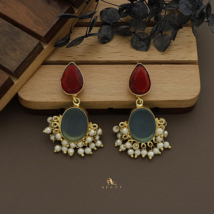 Glossy Drop + Oval Raw Stone Cluster Pearl Earring