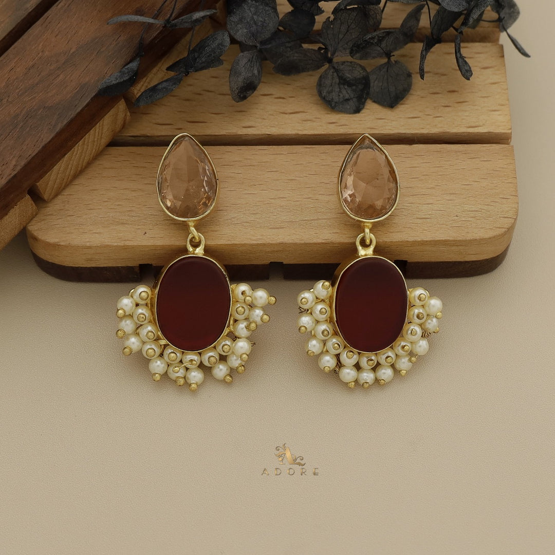 Glossy Drop + Oval Raw Stone Cluster Pearl Earring