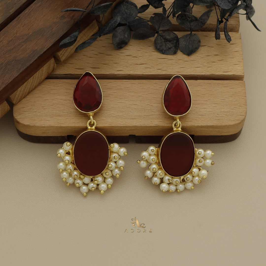 Glossy Drop + Oval Raw Stone Cluster Pearl Earring