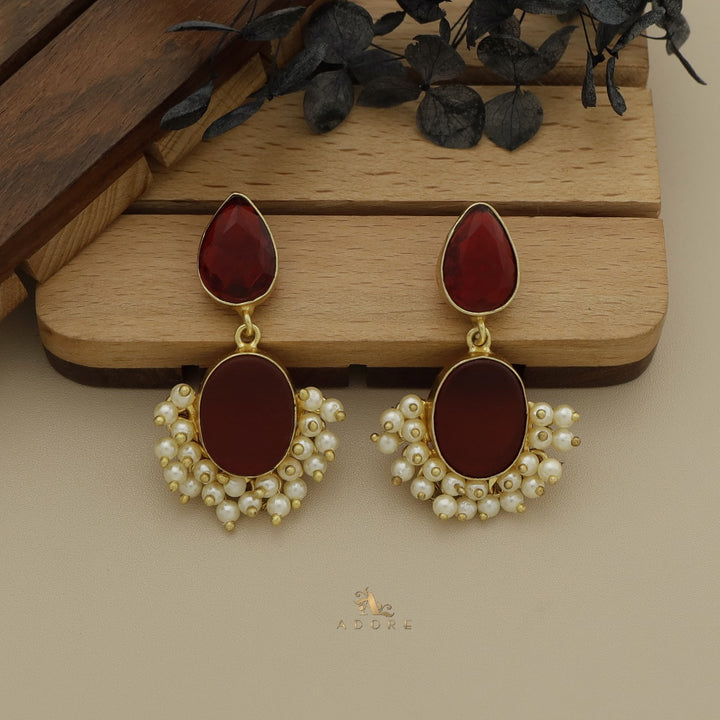 Glossy Drop + Oval Raw Stone Cluster Pearl Earring