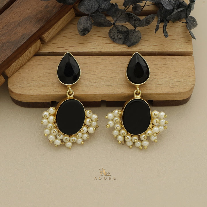 Glossy Drop + Oval Raw Stone Cluster Pearl Earring