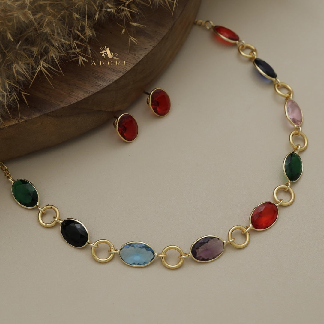 Golden Agneya Glossy Oval Round Neckpiece With Stud