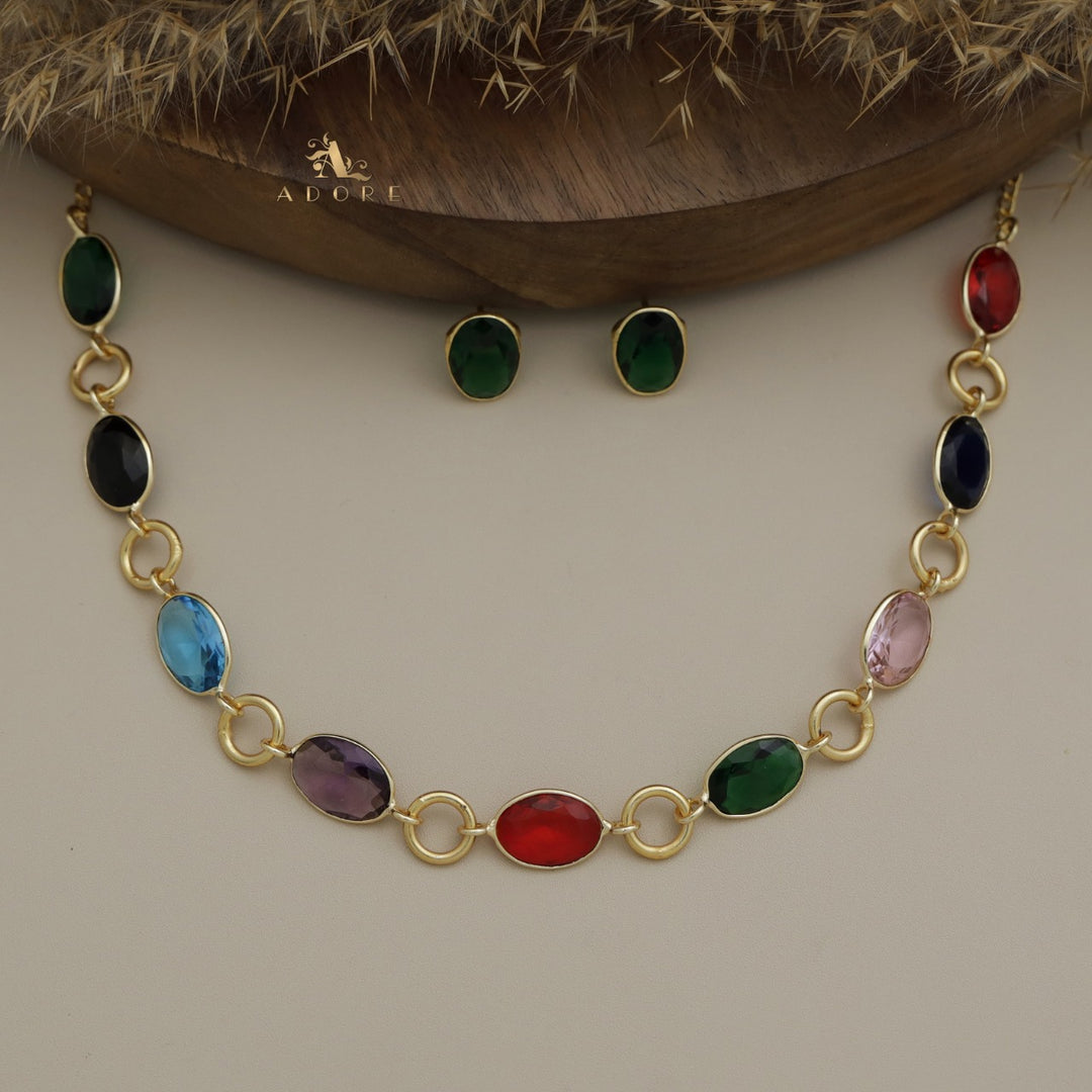 Golden Agneya Glossy Oval Round Neckpiece With Stud