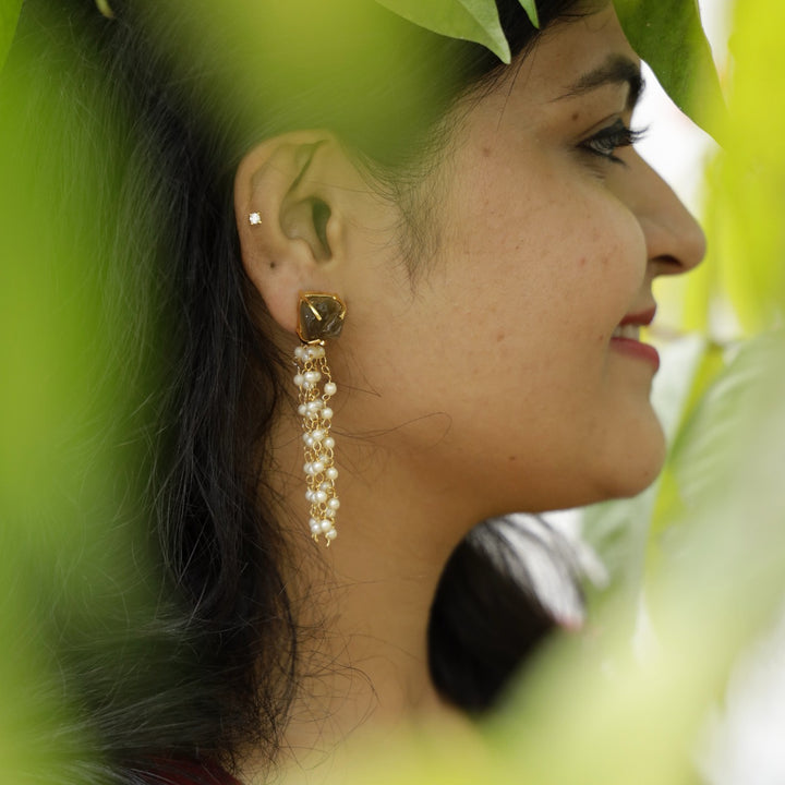 Raw Stone Tassel Pearl Earring