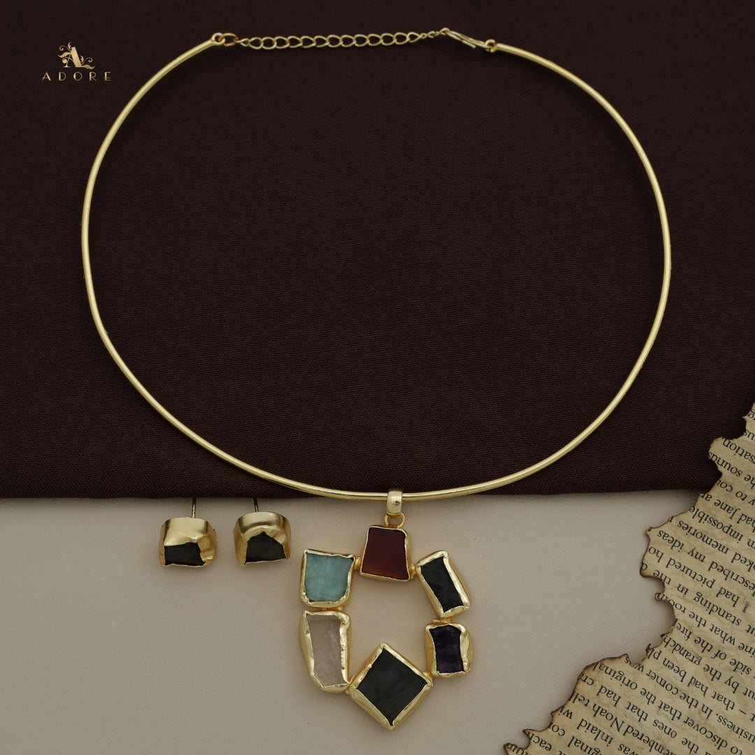 Raw Stone Golden Chakra Neck Cuff With Stud