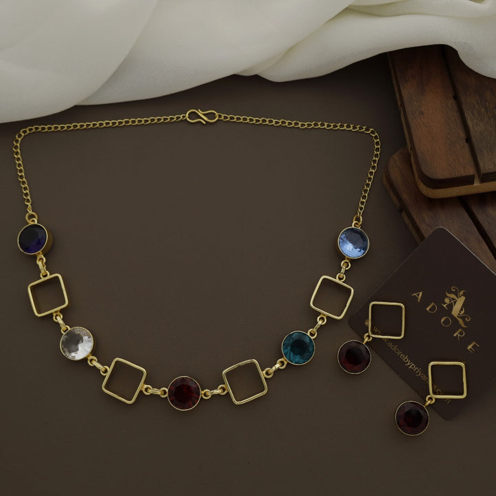 Multicolour Glossy 4 Square Neckpiece With Earring