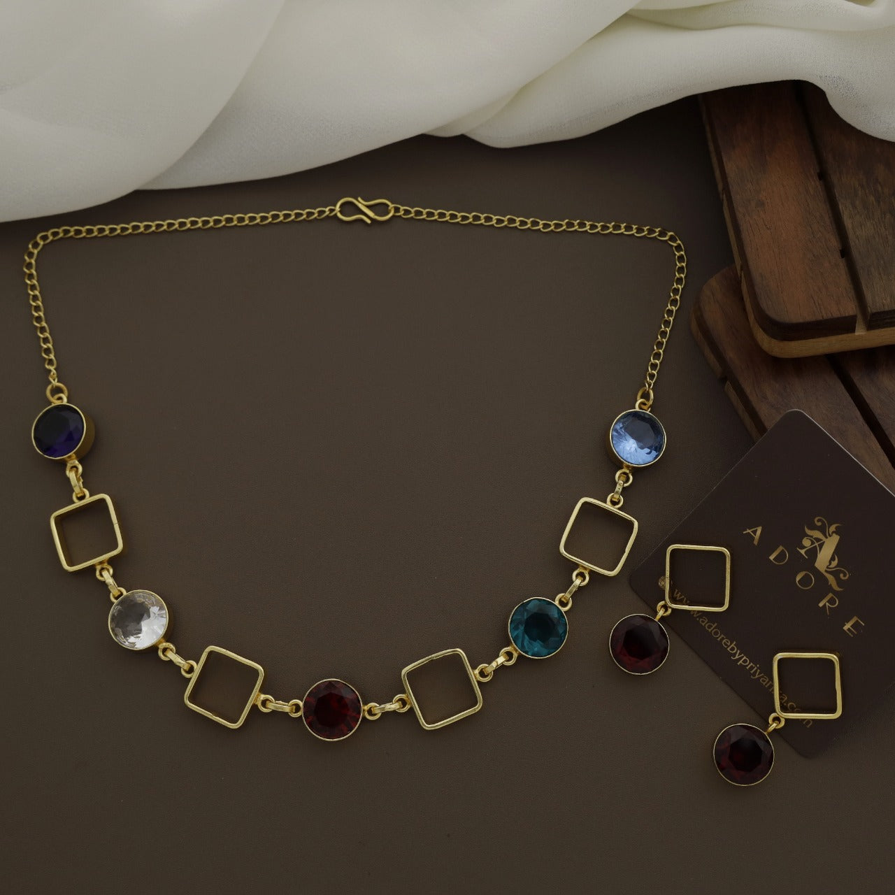 Multicolour Glossy 4 Square Neckpiece With Earring