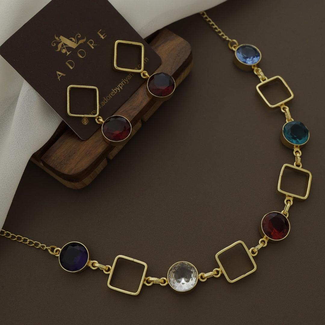 Multicolour Glossy 4 Square Neckpiece With Earring