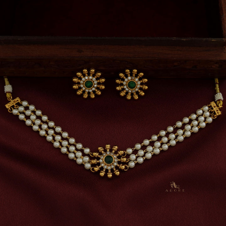 Surya Chakra 3 Layer Pearl Choker With Earring