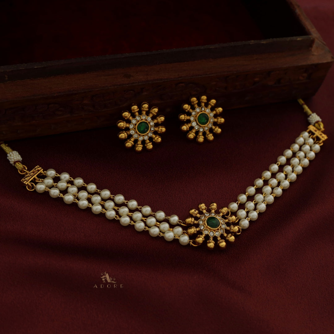 Surya Chakra 3 Layer Pearl Choker With Earring