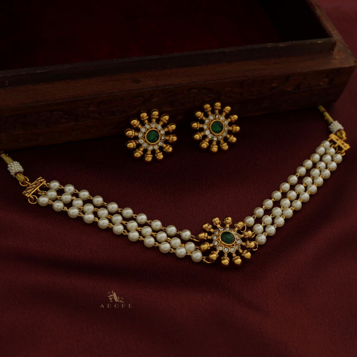 Surya Chakra 3 Layer Pearl Choker With Earring