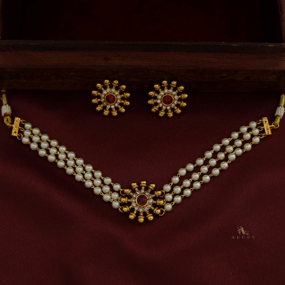 Surya Chakra 3 Layer Pearl Choker With Earring