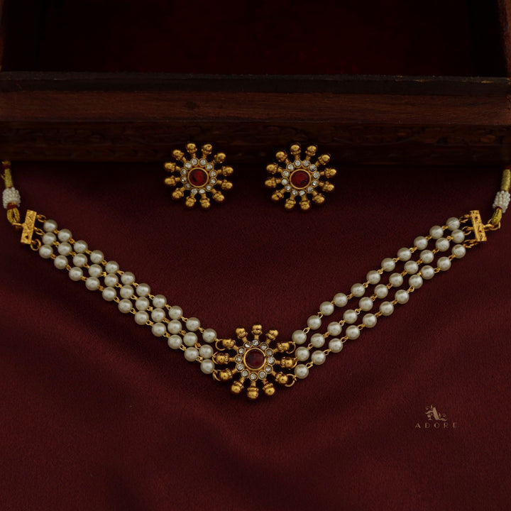 Surya Chakra 3 Layer Pearl Choker With Earring