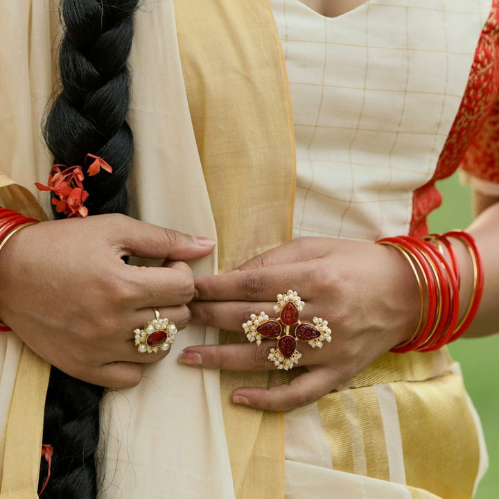 Golden Carved 4 Petal Cluster Pearl Ring