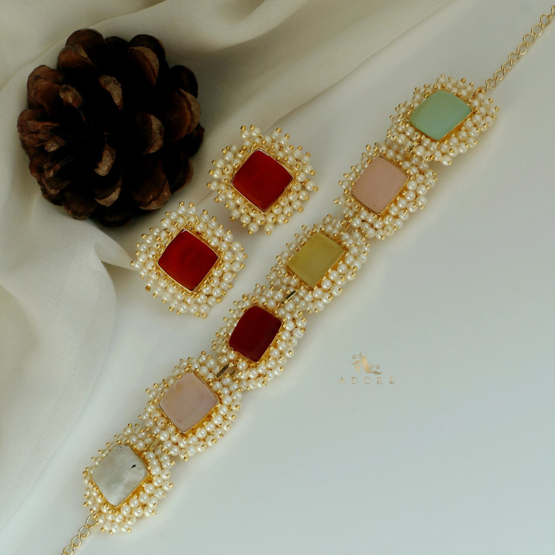Multicolour Full Pearl Square Choker With Earring