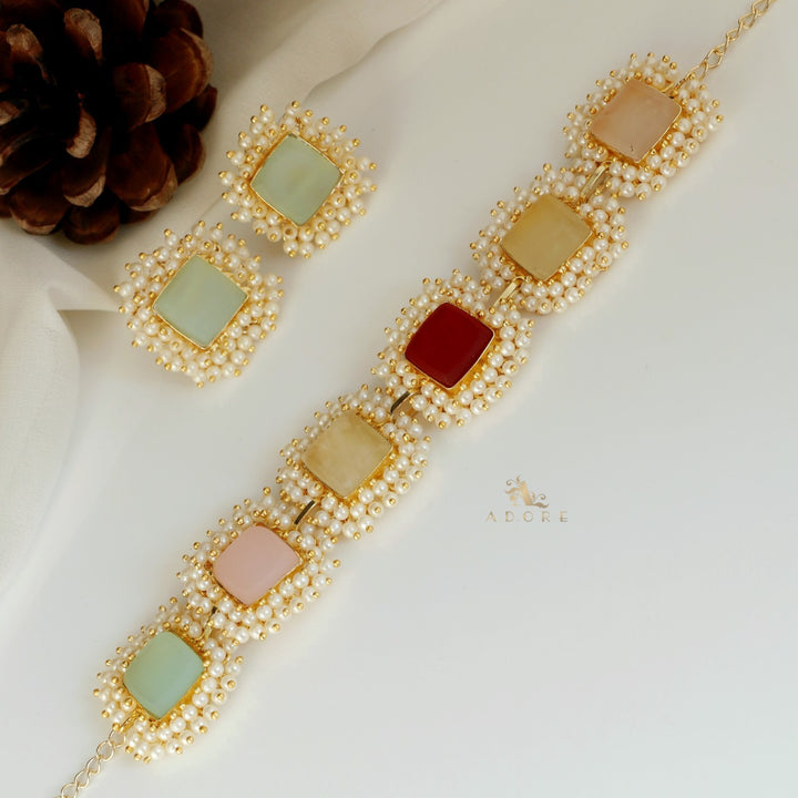 Multicolour Full Pearl Square Choker With Earring