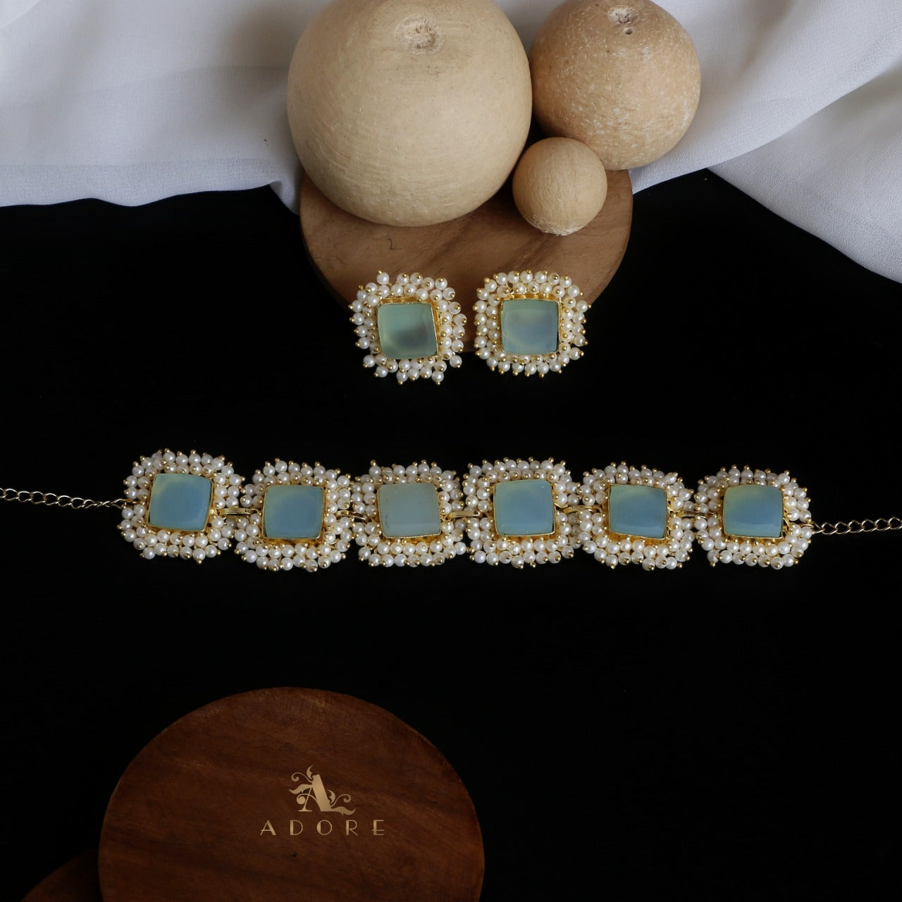 Full Pearl Square Choker With Earring